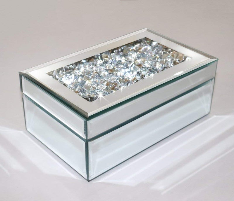 QMDECOR Luxury Silver Crushed Diamond Glass Mirrored Jewelry Organizer Box Storage - Image 1